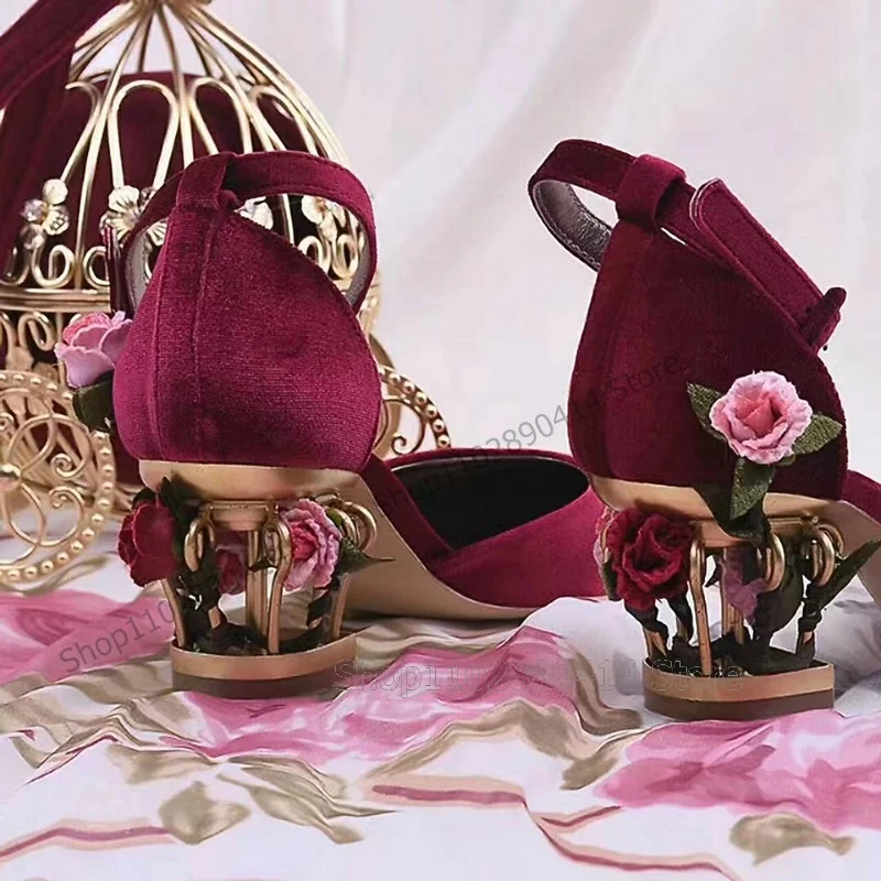 

Burgandy Corduroy Metal Birdcage Heel Pumps Ankle Buckle Strap Women Shoes Strange Style Heels Fashion 2025 Zapatos Para Mujere