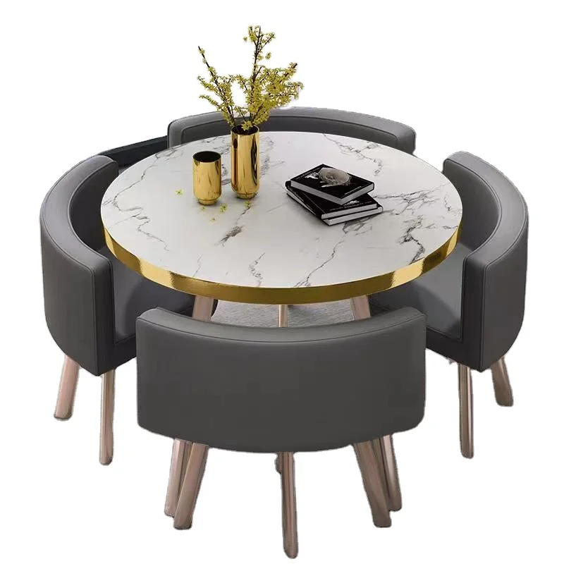 round Dining Table 4 Chairs Marble Color MDF Top Foldable for Living Room Kitchen Hotel or Meeting