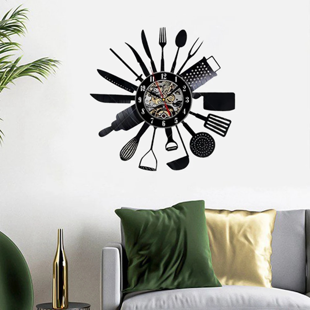 WSFS! Cutlery Vinyl Record Wall Clock Modern Design Spoon Fork Decorative Kitchen Vintage Vinyl Clock Wall Watch Home Decor