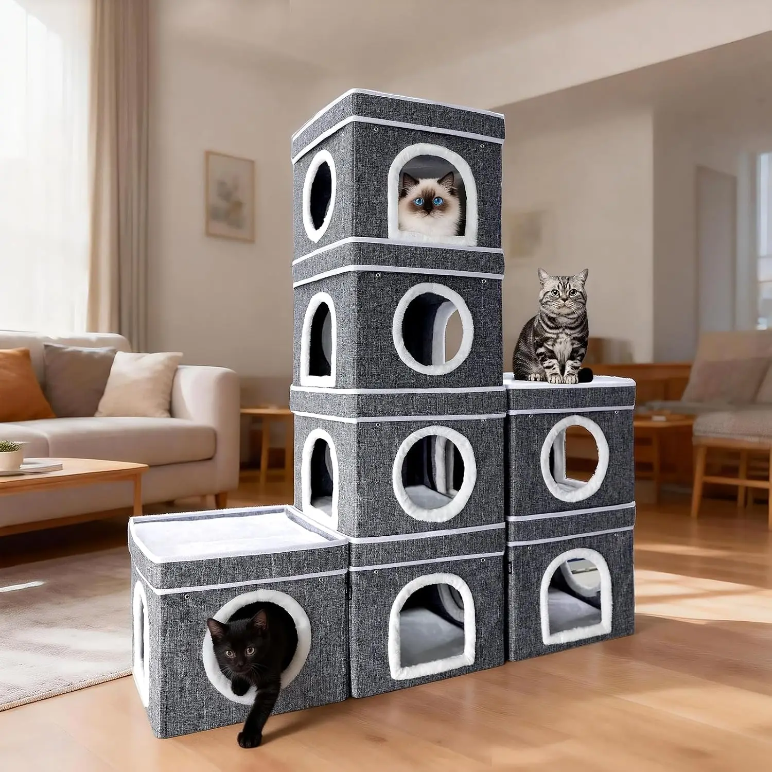 Indoor Cat Cube Bed, Large Cat Cave House, Foldable Cat Hideaway, DIY Free-Combination Configurable Play Tower Condo for Cats, 5-Piece Set