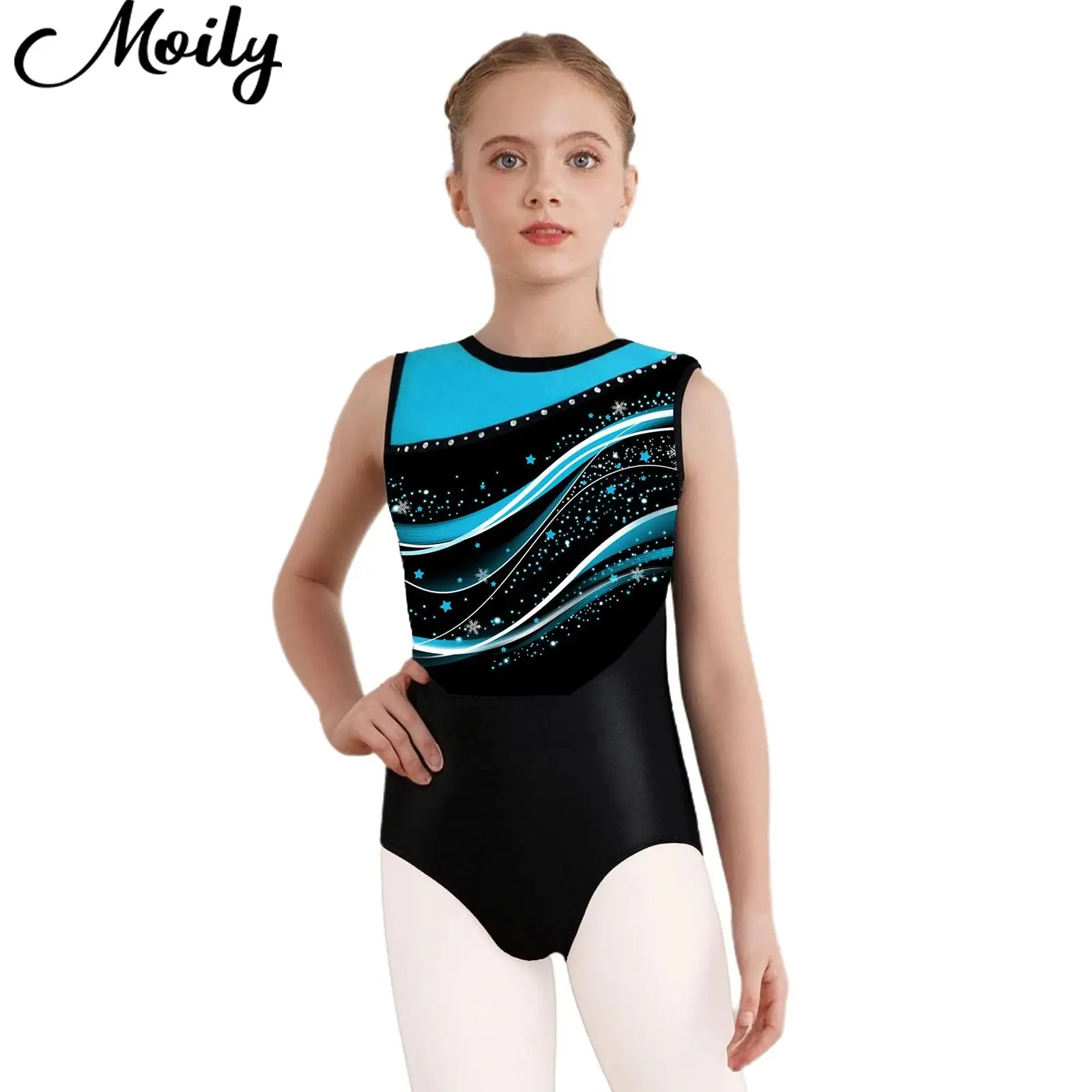 

New Kids Girls Stylish Print Gymnastics Ballet Dance Leotard Sleeveless Bodysuit for Figure Skating Acrobatics Stage Performance