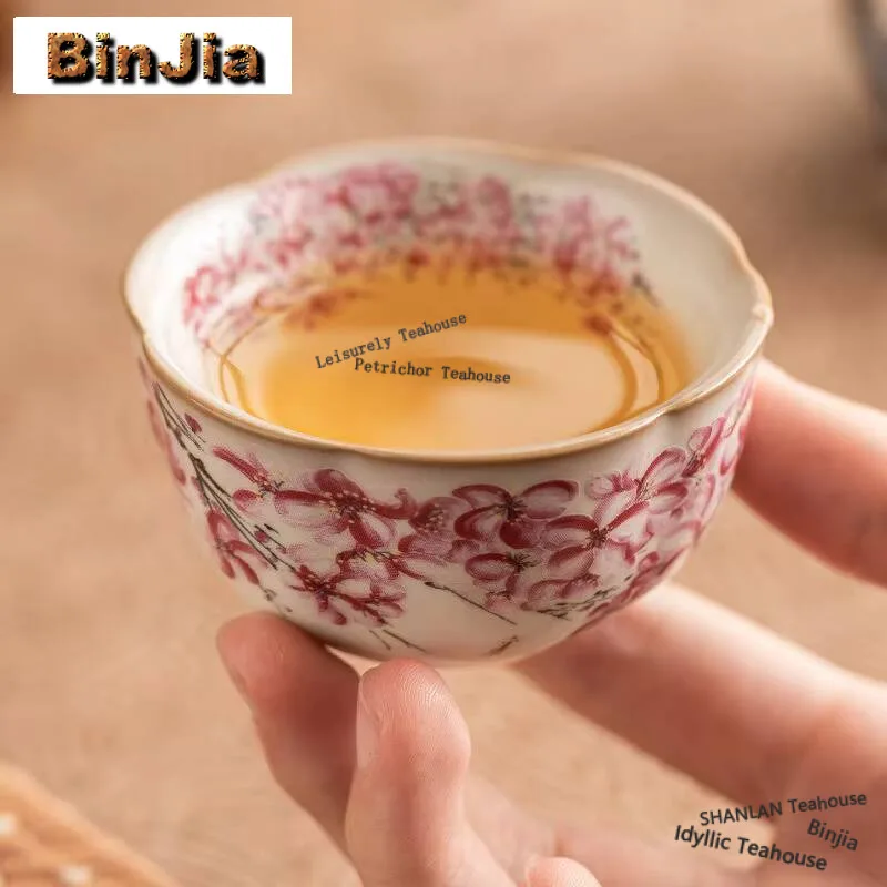 

25ml Lard Jelly Ru Kiln Porcelain Teacup Flower Mouth Cup Fish Play Pear Flower Tea Bowl Small Master Cup Women's Kung Fu Teaset
