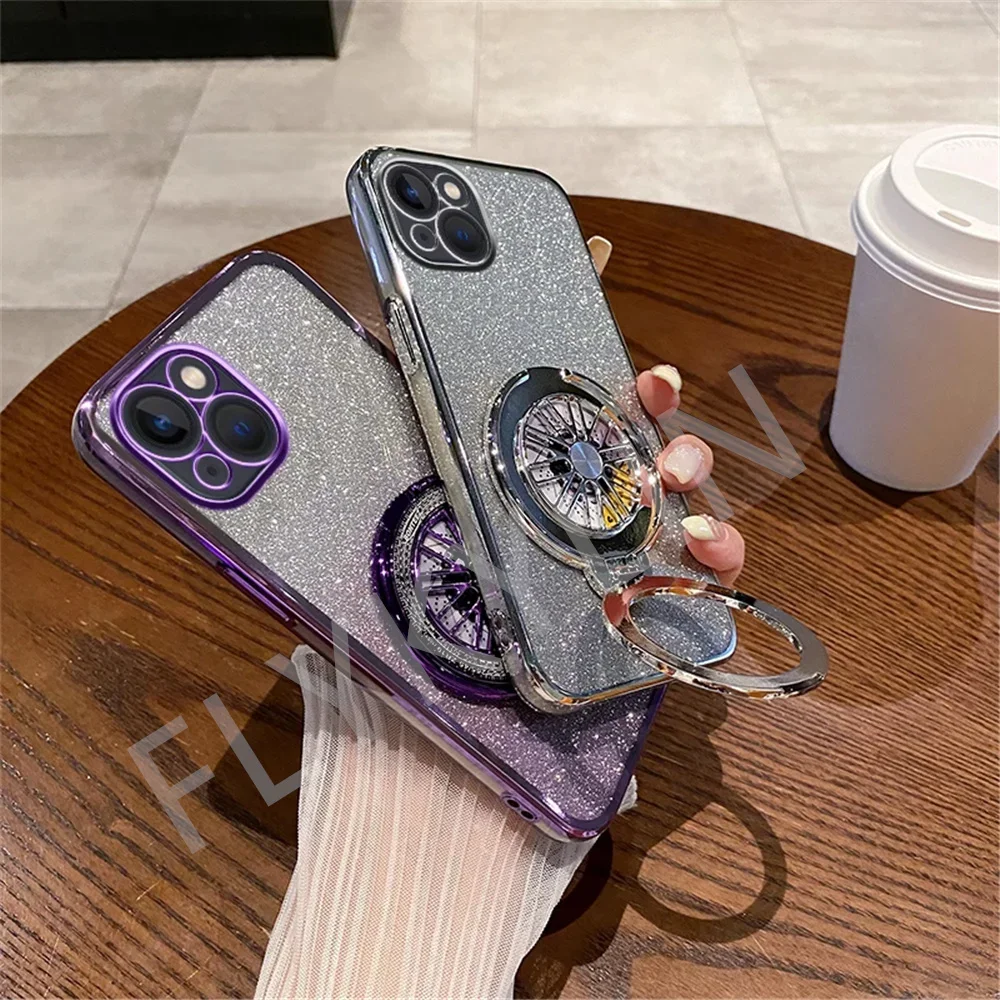 Glitzernde, stoßfeste Gyro-Telefonhalter-Hülle mit Farbverlauf für Samsung Galaxy S24 23 22 Plus S23 FE S22 S21 Ultra Silikonhülle