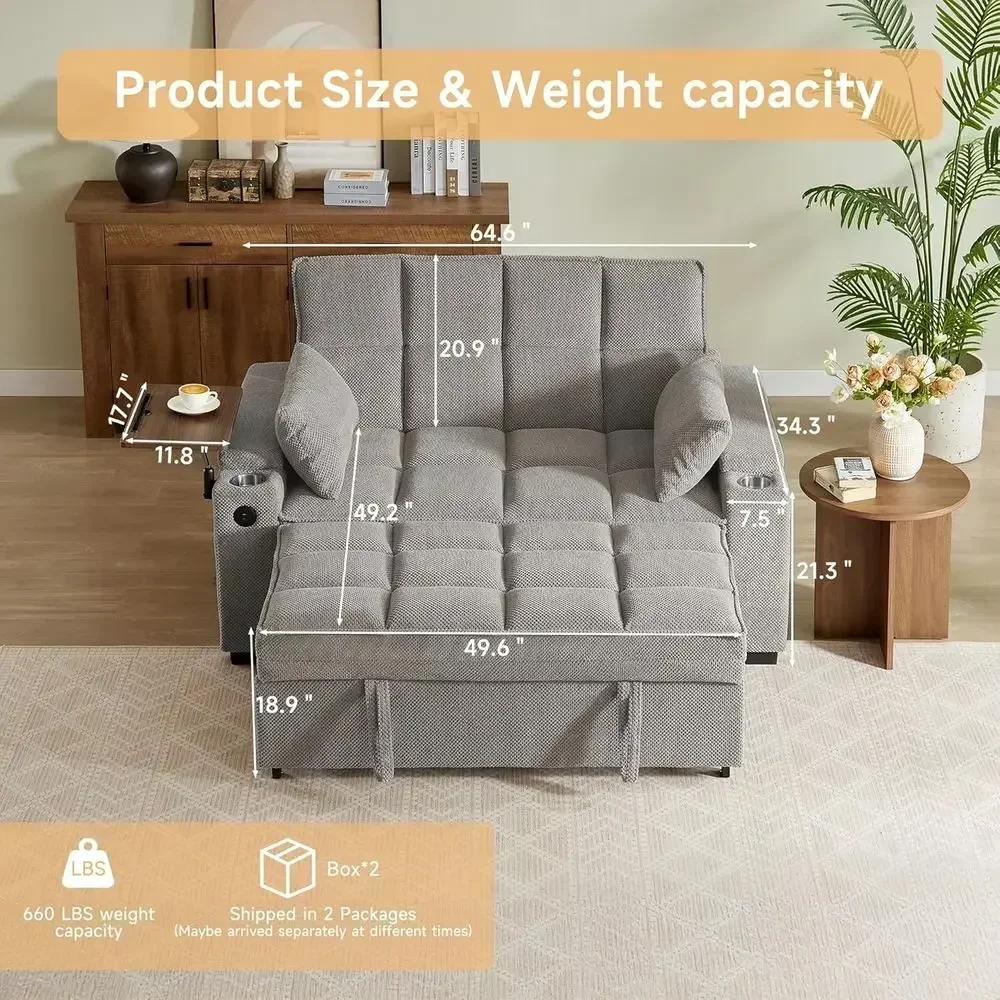 65 Indoor Chaise Lounge Chair, 3-Way Convertible Sofa Bed with Pull-Out, 360° Swivel Side Table, Modern Velvet Couch for Living