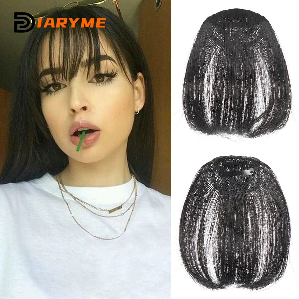 Sintético Clip-In Air Bangs Extensão De Cabelo, Natural, Curto, Preto, Liso Puro, Extensões De Cabelo, Resistente Ao Calor, Franjas Falsas, Ha