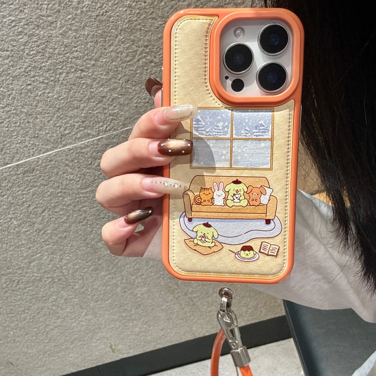 الجلود منقوشة البرتقال بودنغ الكلب مناسبة لحالة هاتف أبل 17 برو ماكس 16 15 14 برو ماكس جراب هاتف مع حبل معلق