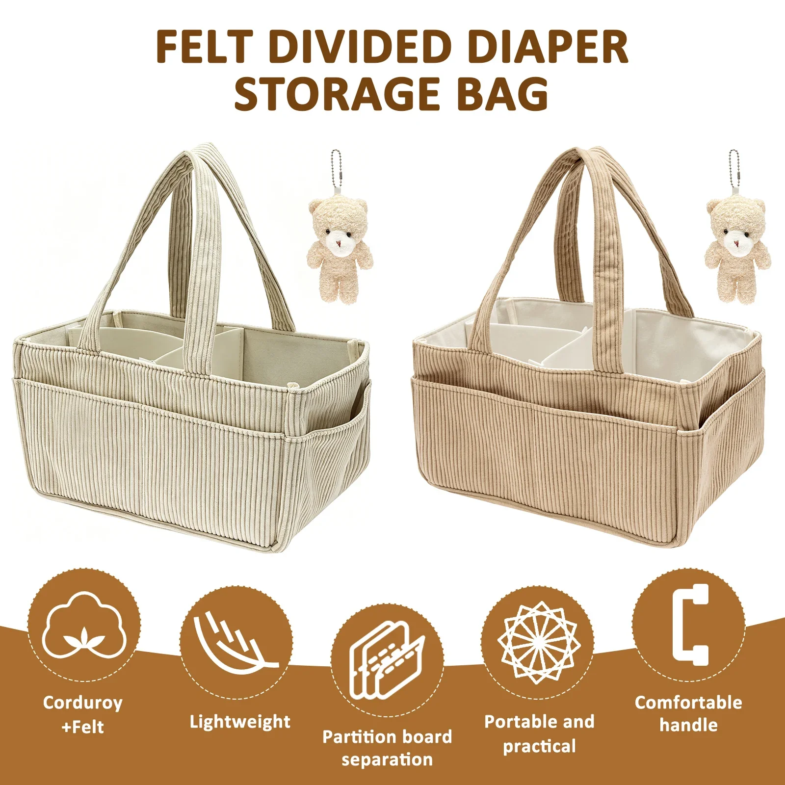 Travel Portable Mommy Bag Foldable Baby Diaper Caddy Organizer with Handle and Bear Charm Corduroy Newborn Diaper Storage Basket