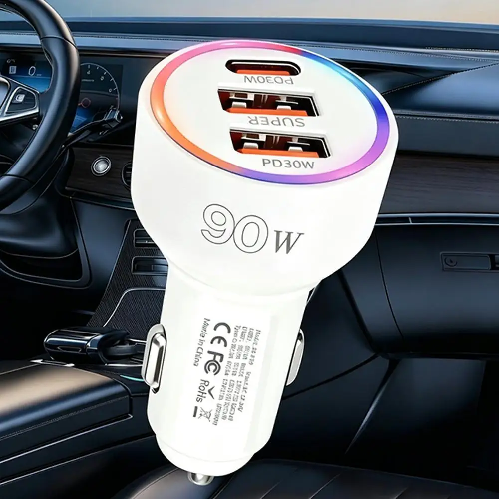 3 Ports 90W Fast Car Charger Adapter Multi Color LED Light PD 30W USB C Dual QC 3.0 Ports For iPhone 17 For Samsung Series