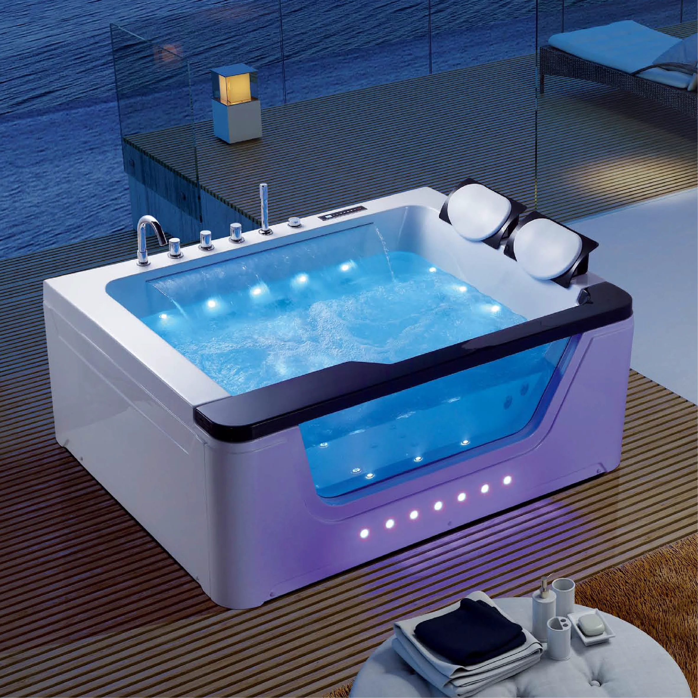 Deluxe Modern Whirlpool Massage Bathtub Acrylic Freestanding Indoor Tub for 2 Person Hotel Use with 22 Jets 60gal+ Capacity