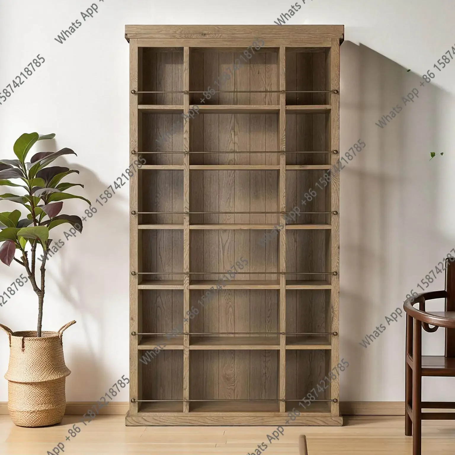 

N68 American rural old solid wood bookcase French retro home floor rack wall storage display cabinet