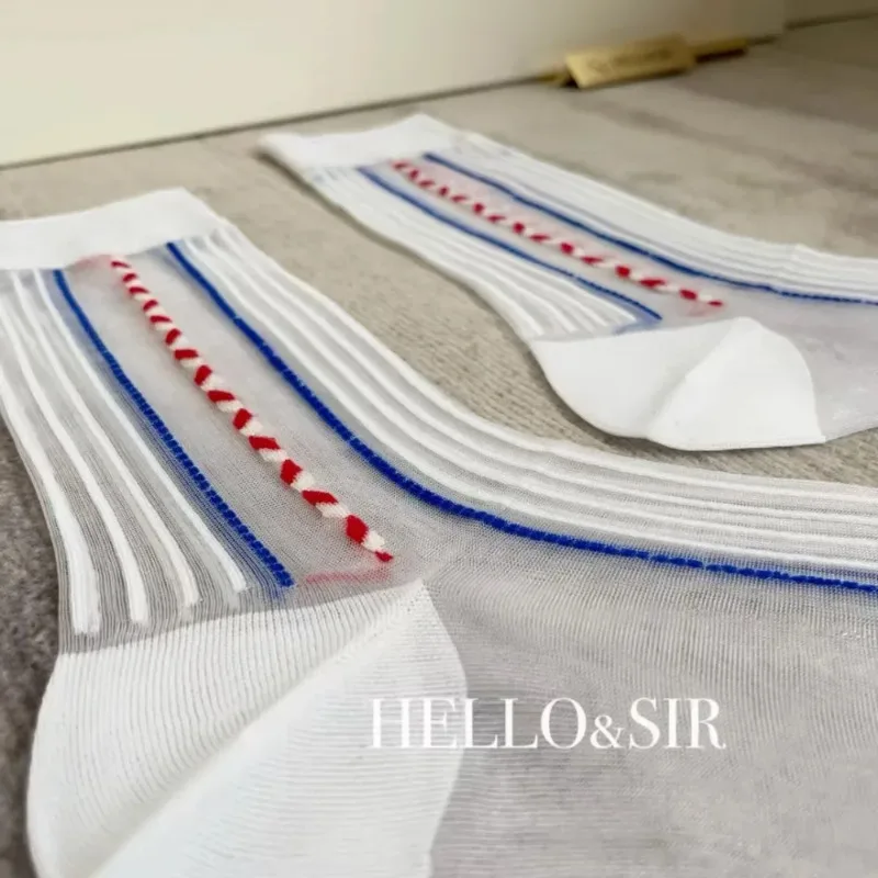 Men Mid Calf Socks Vintage Striped Sheer Dress Socks Transparent Nylon Ultra Thin White Business Formal Socks for Daily Outfit