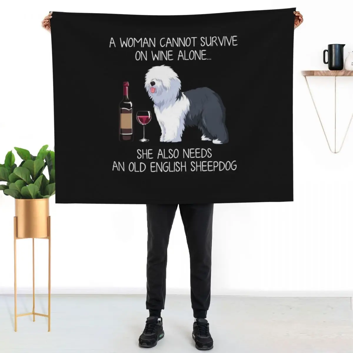 Old English Sheepdog and wine Funny dog Throw Blanket blankets and throws Luxury Shaggy Hair Polar Blankets