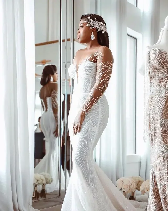 맞춤형 아랍어 화이트 인어 웨딩 드레스 페르시 스팽글 레이스 섹시한 멋진 신부 가운 드레스