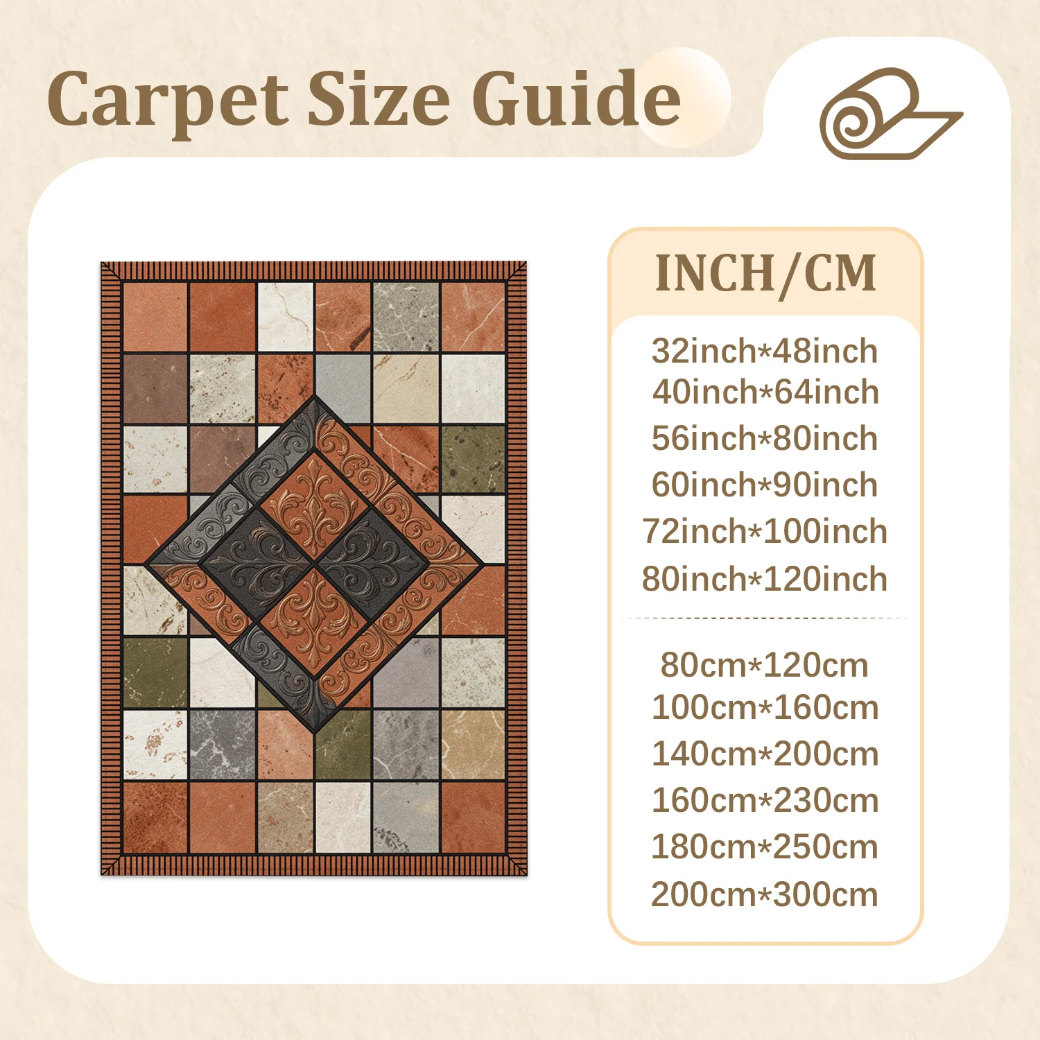 Vintage Mosaic Tile Pattern Area Rug, Soft Velvet Material, Machine Washable, Stable Grip, Suitable for Living Room, Bedroom, Entryway, Dining Room, Perfect for Halloween, Thanksgiving, Christmas, New Year Holiday Home Decor