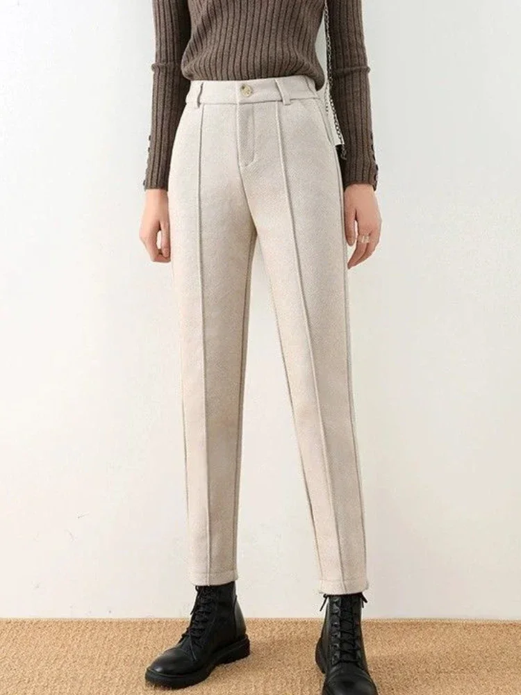 Apricot Woolen Fabric Casual Pants Women Autumn Fashion Thickening Warm Herringbone Harem Pants Elastic High Waist Loose Pants