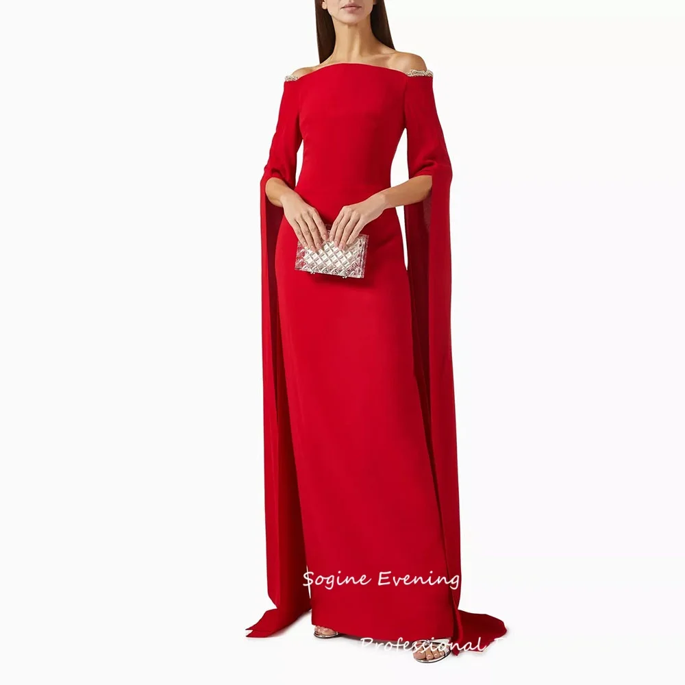 

Customized Red Crepe Evening Dresses For Women Off Shoulder With Shawl Formal فساتين سهرة Long Wedding Dress Cocktail