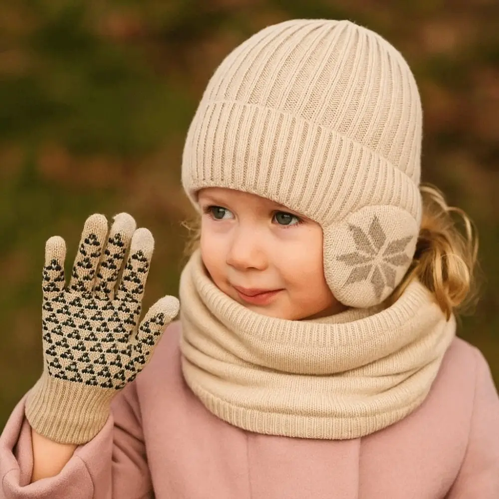 3 قطعة/المجموعة الأزياء بلون قبعة وشاح قفازات مجموعة Coldproof Earflap الاطفال محبوك قبعة يندبروف أفخم سدادات حماية الأذن قبعات في الهواء الطلق