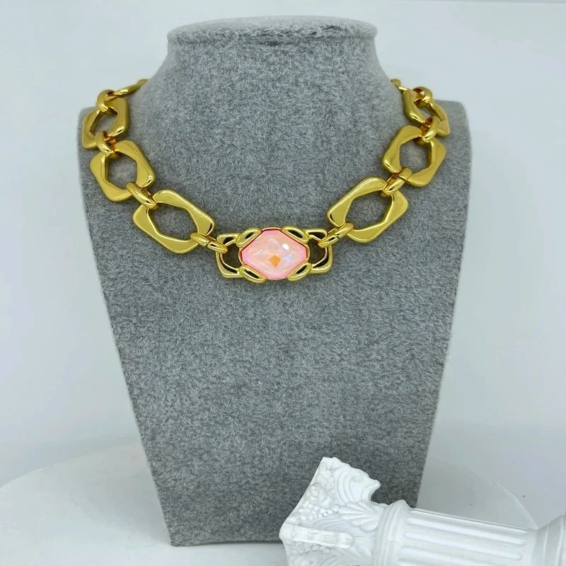 

Sweet and High Beauty Pink Crystal Gold Chain Necklace, Women's Accessories, Gift for Girlfriend's Birthday