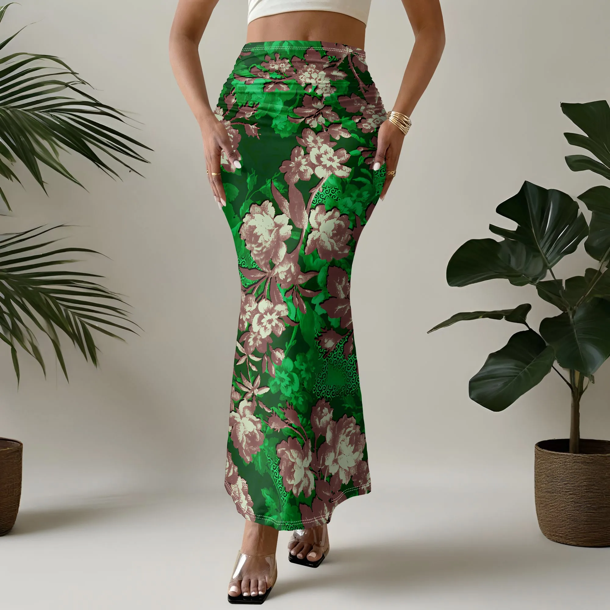 Green Floral Mermaid Skirt, Vintage Print Midi Skirt, High Waist Bodycon Skirt, Summer Beach Party Wear for Women, S-2XL