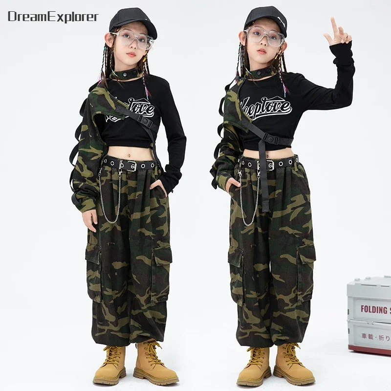 Girls Hip Hop Crop Top Camouflage Cargo Pants Clothes Sets Child Military Streetwear Street Dance Joggers Kids Jazz Cool Costume