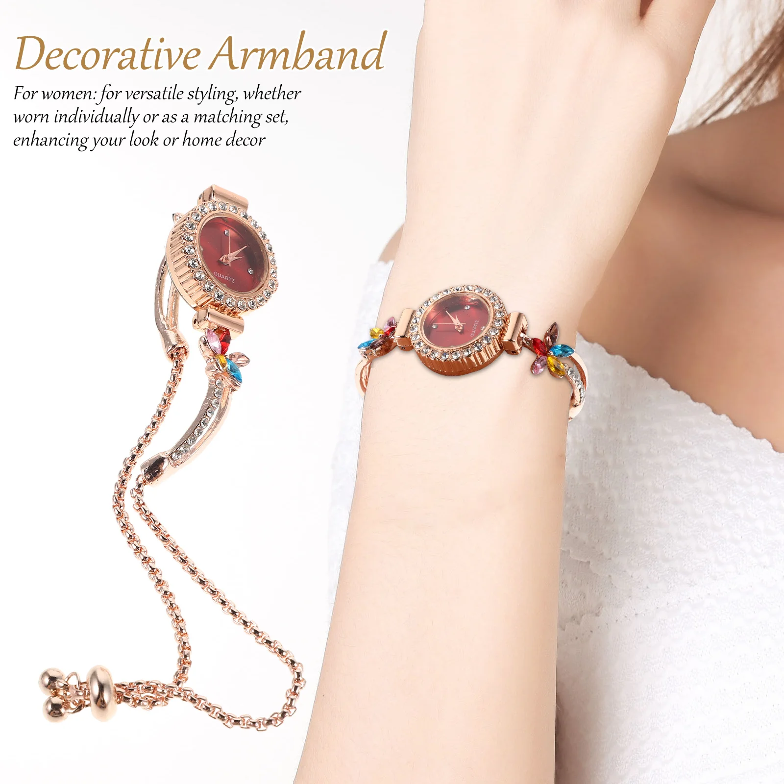 

Women'S Rhinestone Flower Watch Red Floral Quartz Wristwatch Lightweight Bracelet Dress Jewelry Gift For Ladies
