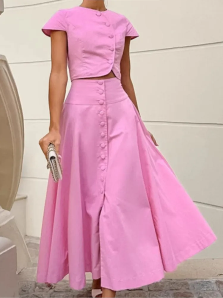 

Spring And Summer Temperament Commuting Dress Set Women's Fashion Button Top Pure Cotton High Waist Skirt Two-piece Sets