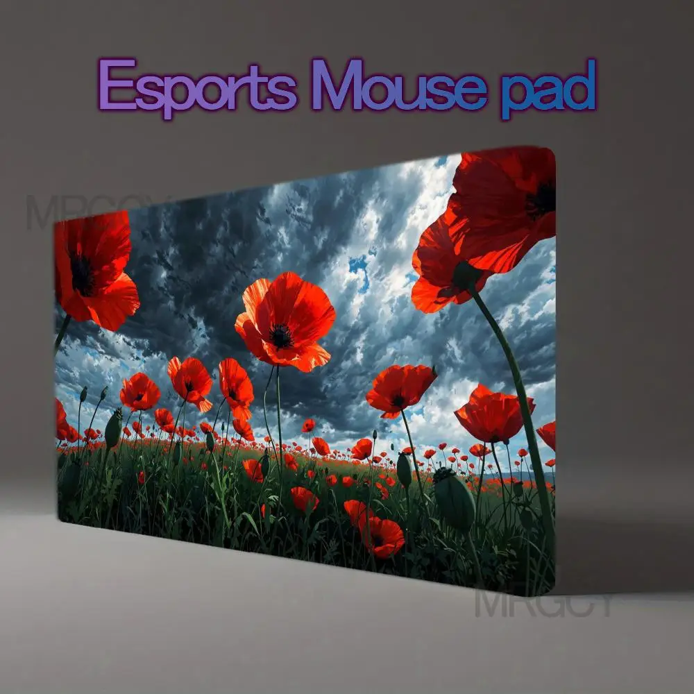 Aesthetic Red Poppy Wildflower Field Large Desk Pad Anti‑Slip Rubber Mousepad Moody Cloudy Sky Floral Landscape Gaming Mat