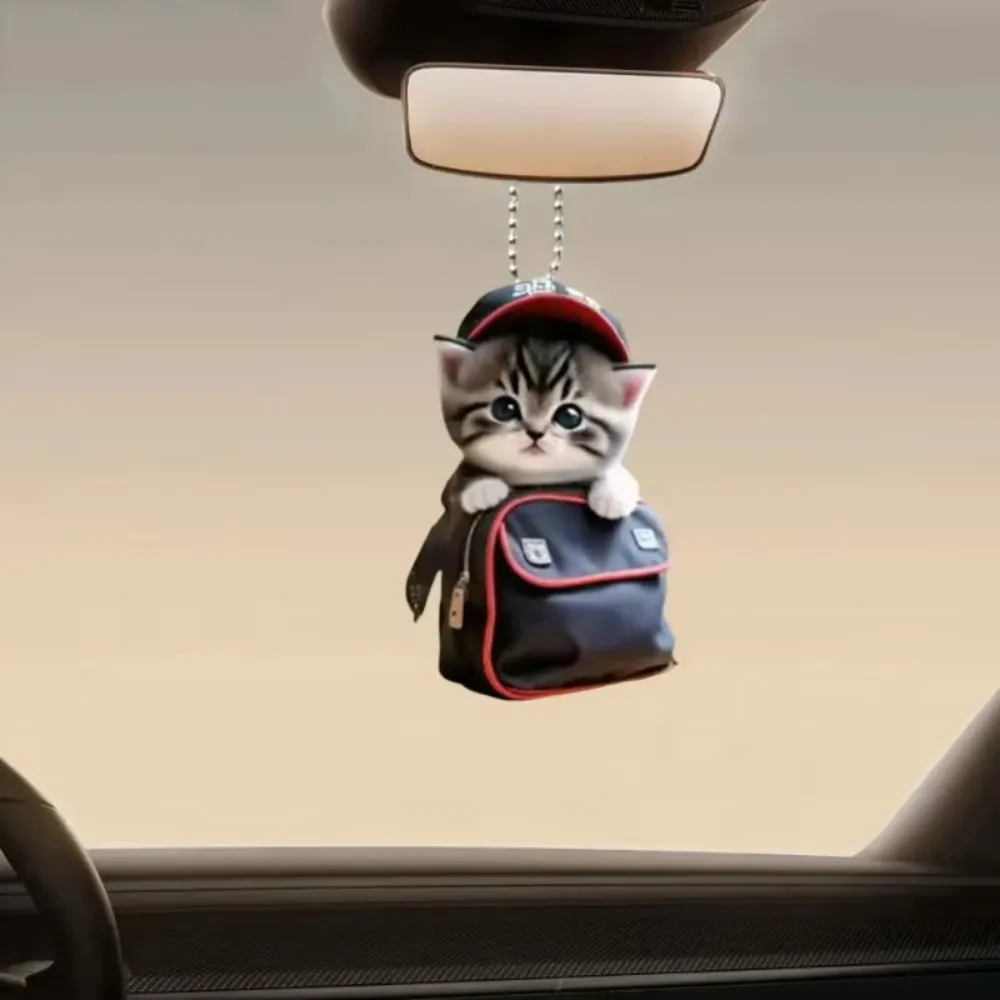 2D Flat Creative Cute Silvery Cat Acrylic Keychain Pendant Animal Keyring Car Rearview Mirror Decorative Accessories Ornament