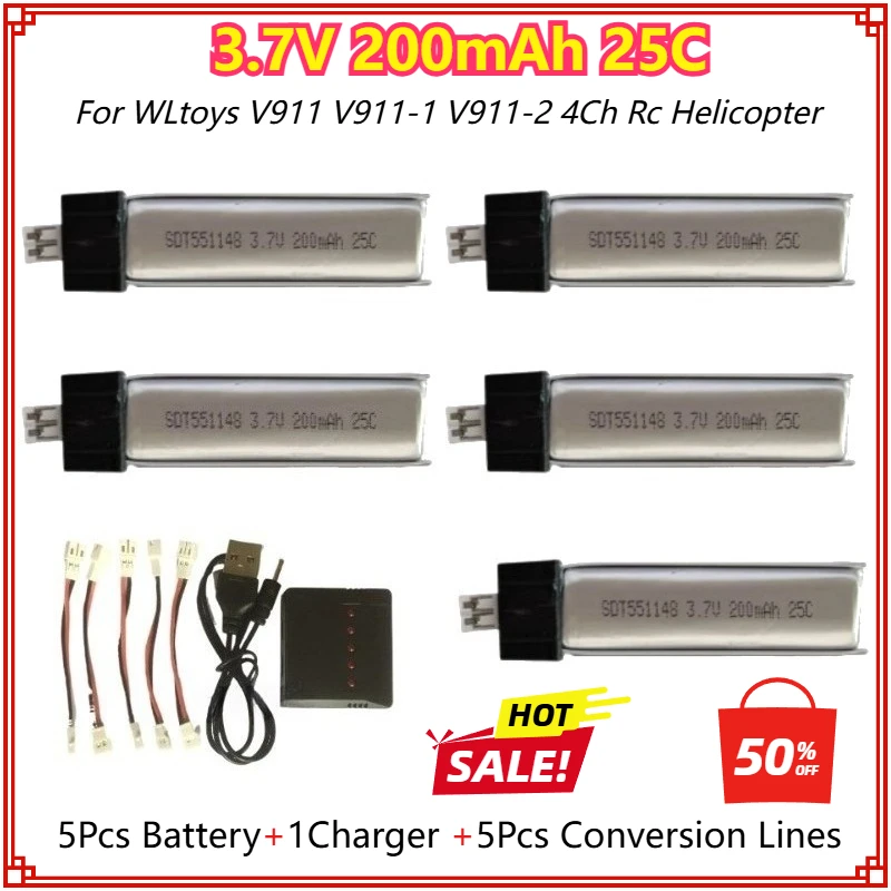 3.7V 200mAh Ultra-high Capacity 3.7V 200mAh Lipo Battery for WLtoys V911 V911-1 V911-2 4Ch RC Helicopter 1-5pcs Bateria