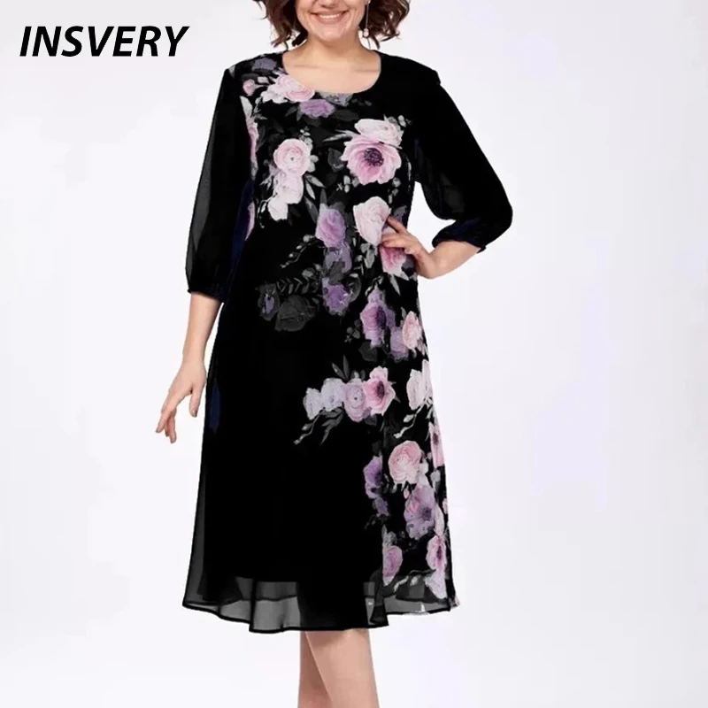 

2025 Summer Loose Flower Printed Dress Women 3/4 Sleeve Midi Dress Plus Size Women Party Dress Casual Beach Holiday Dresses