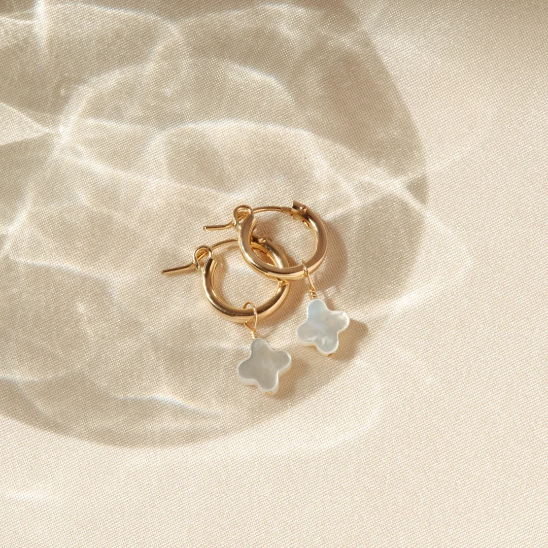 14K Gold Filled Pearl Clover Hoop Earrings Dainty Hoop Earrings Hypoallergenic Jewelry Tarnish Resistant Gift for Women