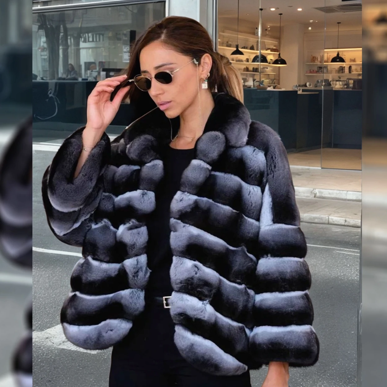 Elegant Women Real Rex Rabbit Fur Coat Chinchilla Warm Jacket Winter Fashion Natural Fur Thick Outwear Female Real Fur Overcoat