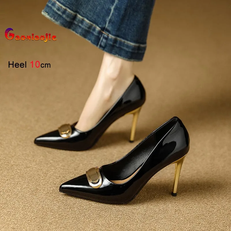 

French Style Single Shoes Spring Women Pumps New Pointed Toe Shallow Mouth Metallic Buckle Commuting Shoes Stiletto Single Shoes