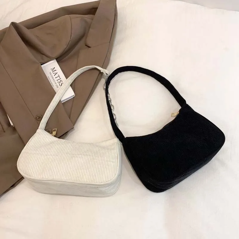 Fashion Vintage Corduroy Women Handbags Underarm Bag Casual Shoulder Bags Solid Color Zipper Female Handbag Clutch Chain Bag