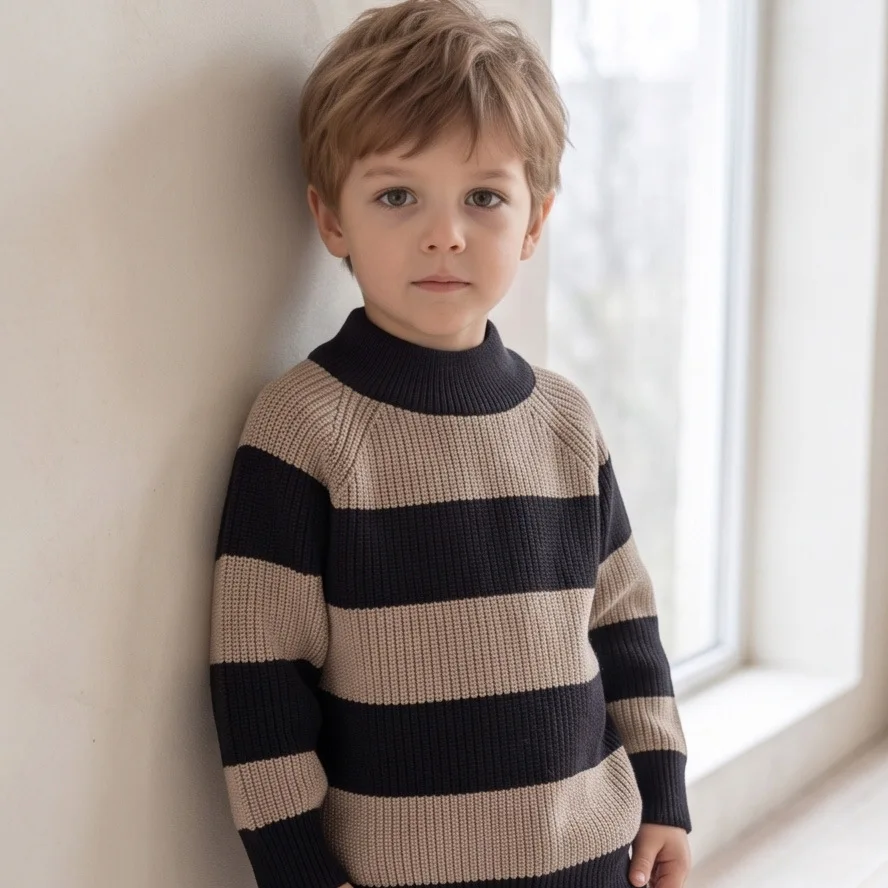 Vintage Striped Sweater Thick Needle Semi-turtleneck Children's Clothing Boys and Girls Knitted Sweater Medium Small Children