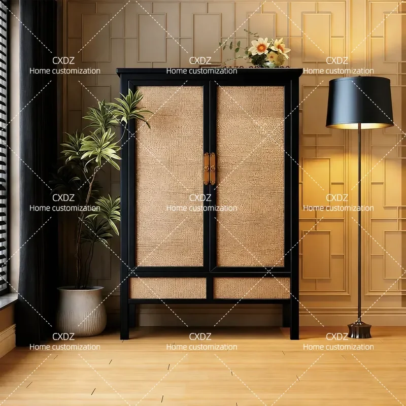 Wabi Sabi Rattan Wardrobe Storage Cabinet Simple Bedroom Retro Classical Decorative Cabinet Customizable Home Improvement