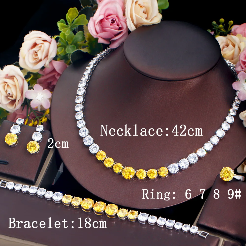 CWWZircons Round Cubic Zirconia Tennis Necklace Bracelet Earrings and Ring 4 pcs Bridal Wedding Jewelry Sets for Women T688