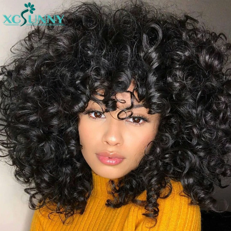 Bouncy Curly Human Hair Wig With Bangs Pixie Cut Bob Wigs Romance Curl Human Hair Wig Full Machine Made Scalp Top Wig For Women