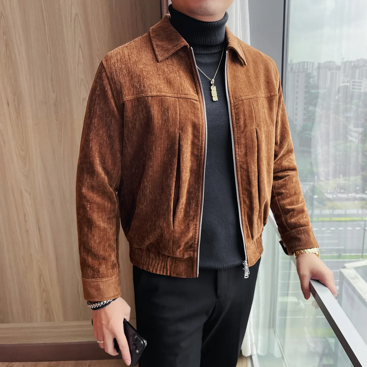 

Vintage Suede Jackets For Men High Quality Turn Down Collar Long Sleeve Men's Casual Jacket Fashion Zipper Short Style Coats Man