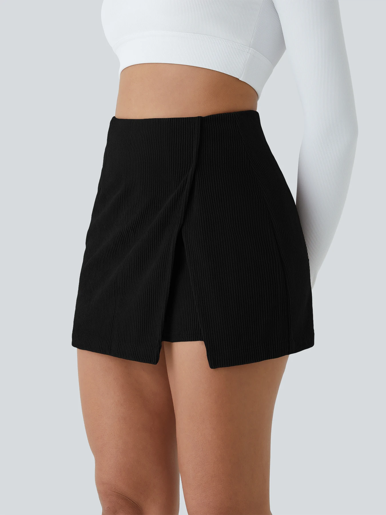 Women Ribbed Skort High Waist Wrap Split Skirt Built‑in Shorts Casual A‑Line Mini Skirt Female Daily Streetwear
