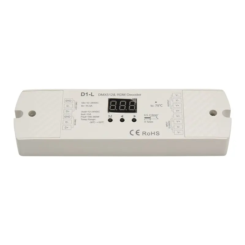 A37T-D1-L 1Chx15a PWM Frequency DMX512 Decoder Monochrome 12-24VDC Single Color Led Strip Controller Address By Buttons