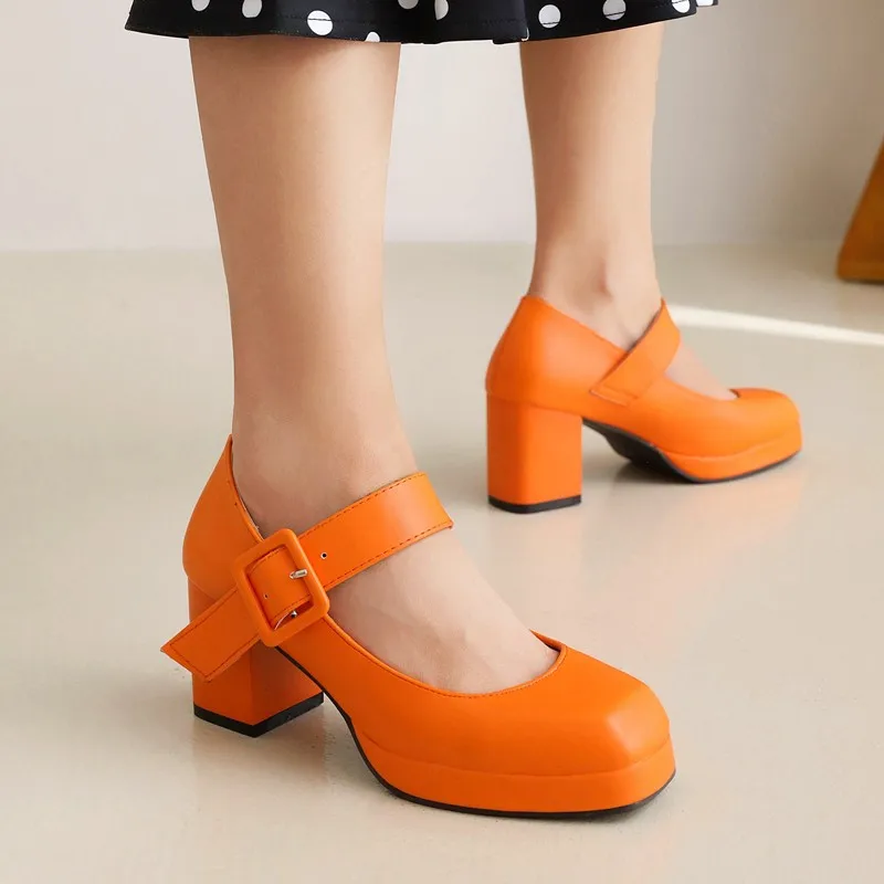 Classics High Heels Lolita Shoes Women Straps Mary Janes Shoes Female Red Orange White Pumps Party Wedding Shoes Ladies Size 45