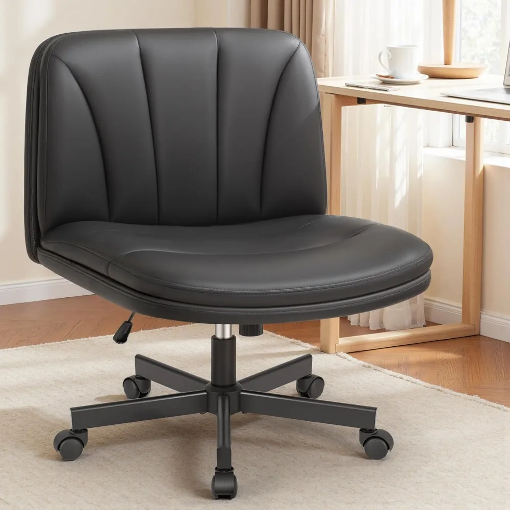 

Criss Cross Chair with Wheels, Cross Legged Office Chair, Armless Wide Vanity Desk Chair with Comfty PU Leather