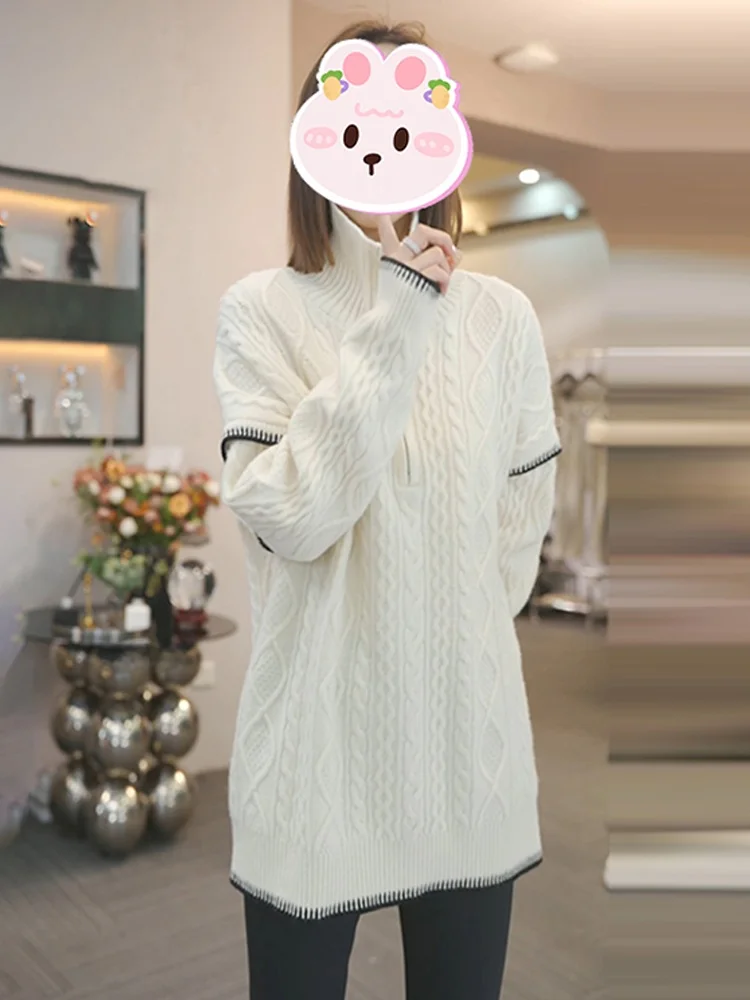 

Winter New Style Color Block Stand Collar Loose Fit Casual Sweater Women's Korean Twist Casual Versatile Top Trendy