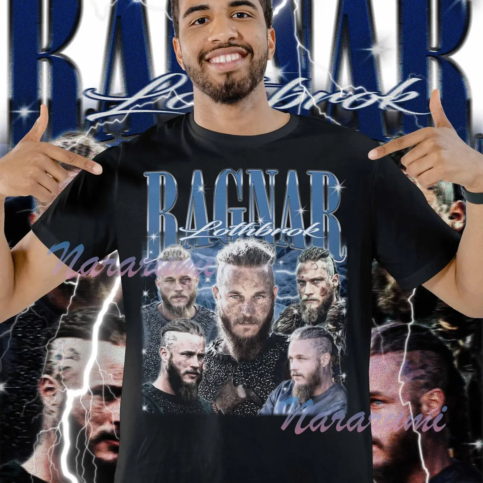 Vintage Ragnar Lothbrok T Shirt 90s Retro Vikings TV Series Character Casual  for Fans vintage Washed Stretched