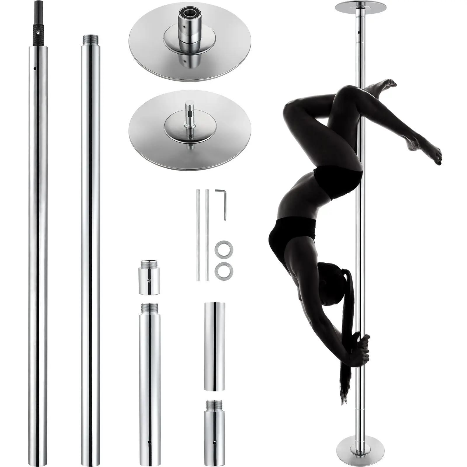 Professional Dancing Pole, Spinning Static Dancing Pole Kit, Portable Removable Pole, 45mm Heavy-Duty Stainless Steel Pole, Height Adjustable Fitness Pole, for Exercise Home Club Gym, Silver