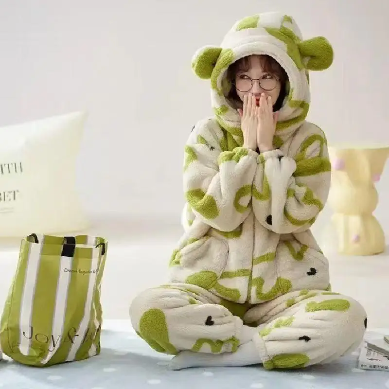 

Теплые брюки с длинными рукавами, женские коралловые флисовые милые мультяшные толстые флисовые зимние пижамы, модная домашняя одежда, пижамный комплект, пижамы