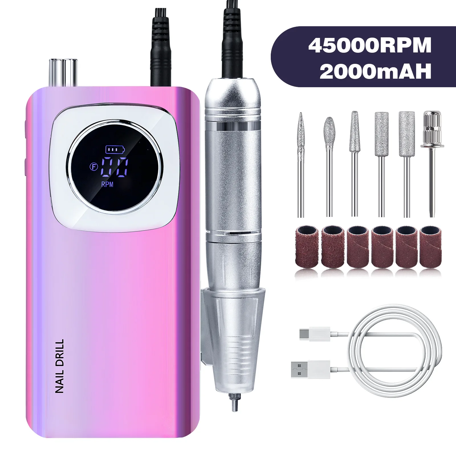 45000 U/min wiederaufladbare tragbare Nagelbohrmaschine mit elektrischem Nagelfeilenschleifer für Salon-DIY-Maniküre-Kunst