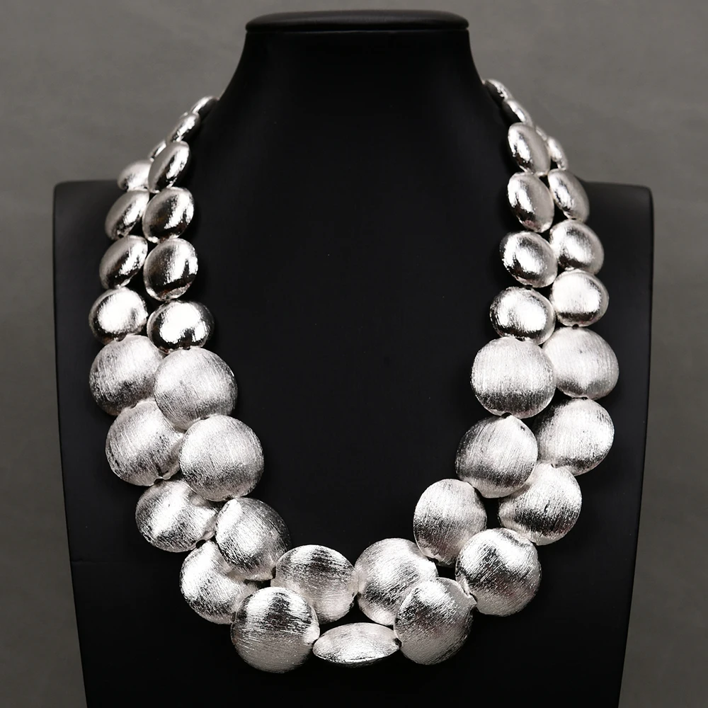 G-G 19-21'' 2 Rows Silver Color Plated Brushed Coin Beads Necklace Multi Rows Necklace For Lady