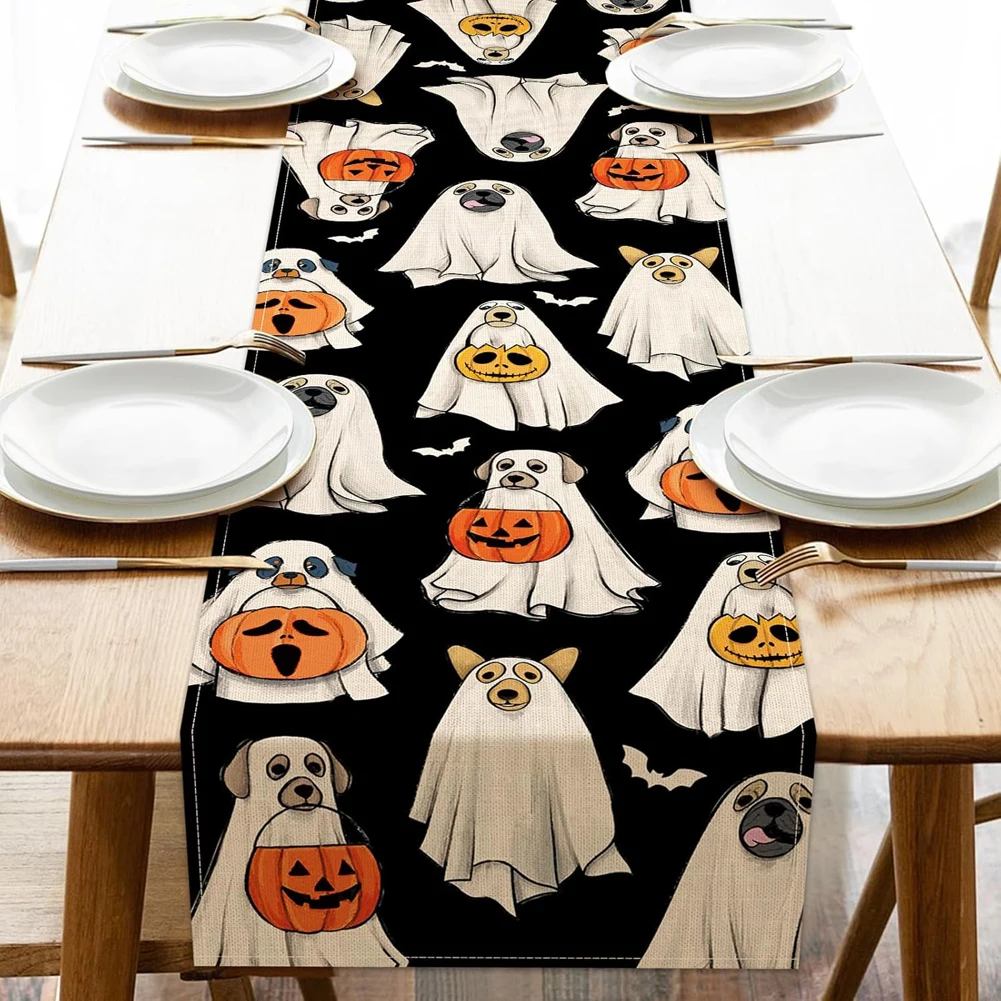 Halloween Spooky Ghost Table Runner, Dog Pumpkin Table Runner, Teia De Aranha De Poliéster, Toalha De Mesa De Crânio, Decoração De Festa